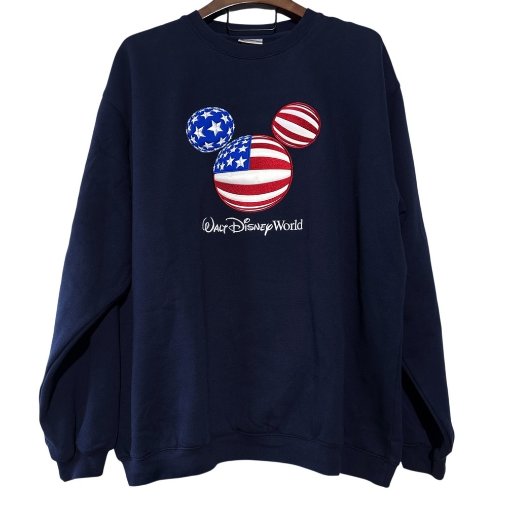 WALT DISNEY WORLD Vintage Sweatshirt Y2K Navy Mickey USA Flag Crewneck 90s‎ 3XL